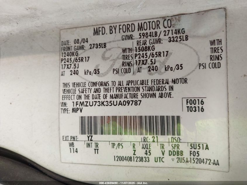 2005 Ford Explorer Xlt/Xlt Sport VIN: 1FMZU73K35UA09787 Lot: 43659490