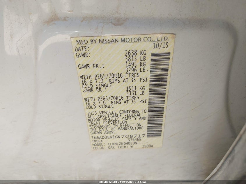 2016 NISSAN FRONTIER SV 1N6AD0EV1GN708717