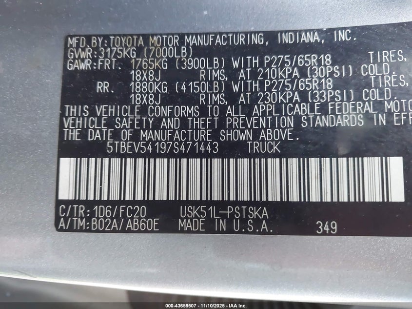 5TBEV54197S471443 2007 TOYOTA TUNDRA photo no. 9
