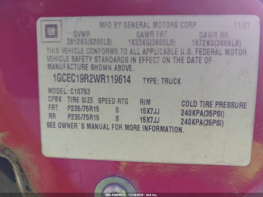 1GCEC19R2WR119614 1998 CHEVROLET C/K photo no. 9