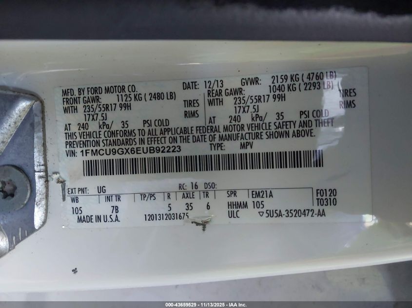 2014 Ford Escape Se VIN: 1FMCU9GX6EUB92223 Lot: 43659529