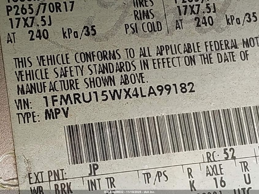 2004 Ford Expedition Xlt VIN: 1FMRU15WX4LA99182 Lot: 43659532