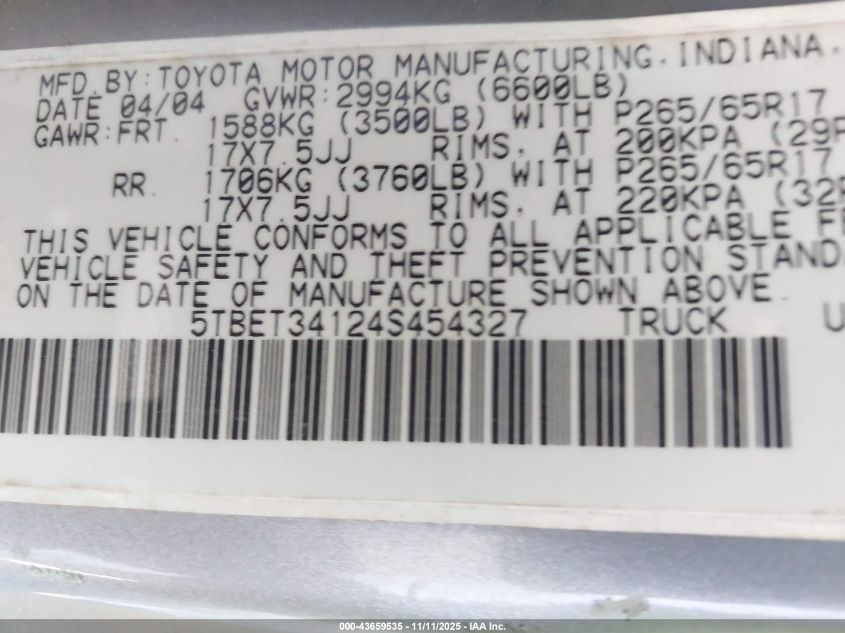 2004 Toyota Tundra Sr5 V8 VIN: 5TBET34124S454327 Lot: 43659535