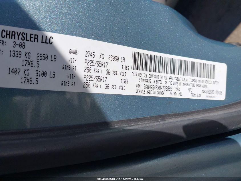 2008 Chrysler Town & Country Touring VIN: 2A8HR54PX8R732899 Lot: 43659548