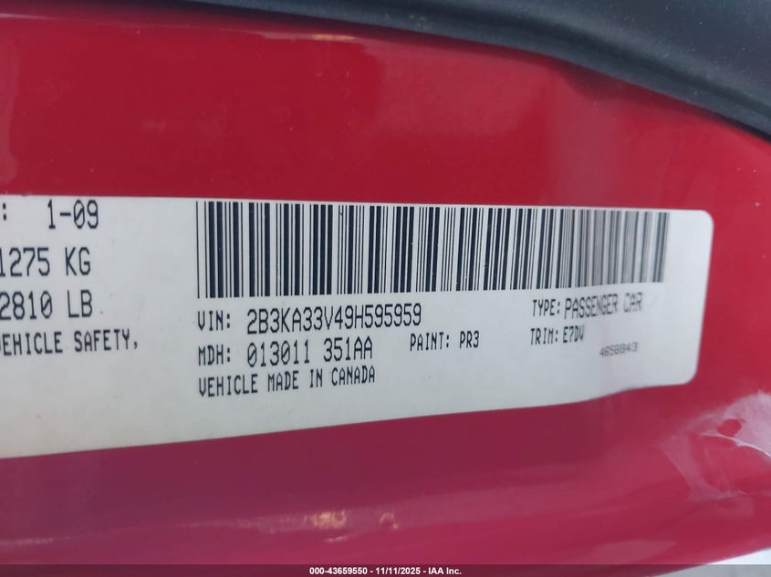 2009 Dodge Charger Sxt VIN: 2B3KA33V49H595959 Lot: 43659550