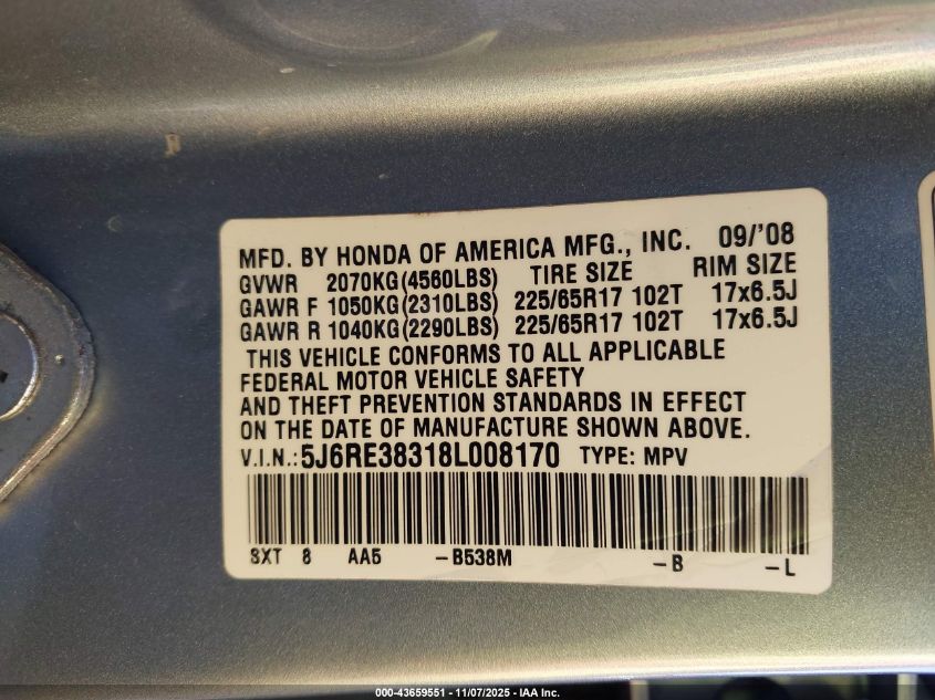 2008 Honda Cr-V Lx VIN: 5J6RE38318L008170 Lot: 43659551