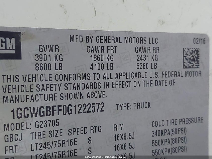 2016 Chevrolet Express 2500 Work Van VIN: 1GCWGBFF0G1222572 Lot: 43659552