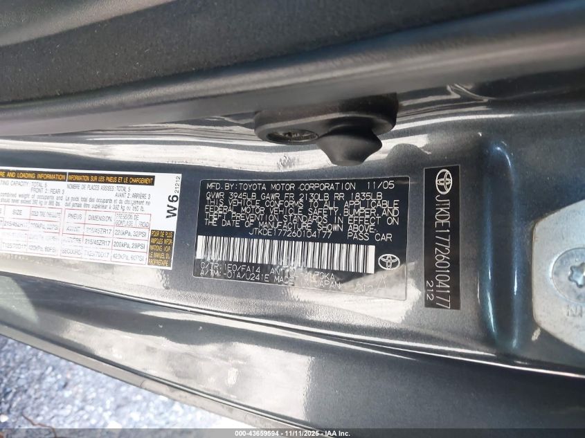 2006 Scion Tc VIN: JTKDE177260104177 Lot: 43659594