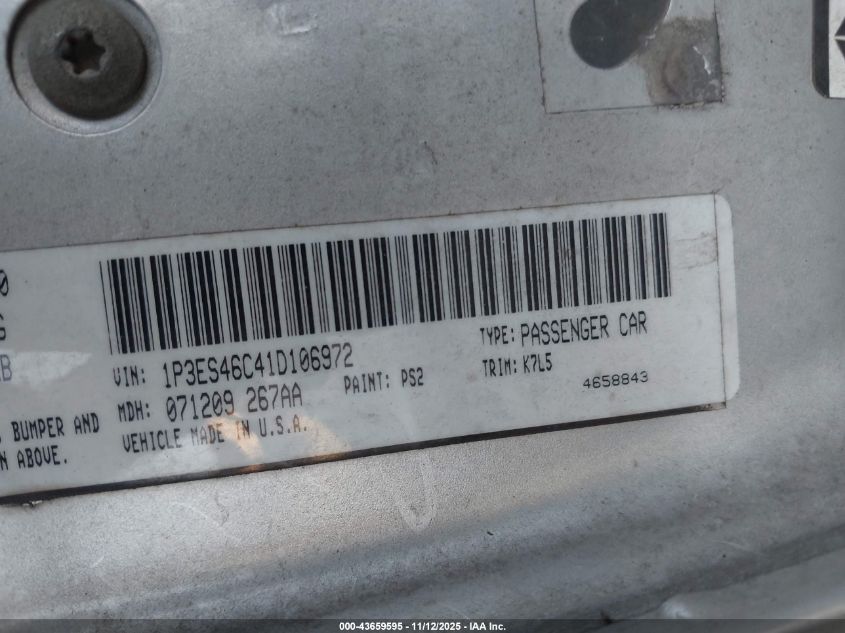 2001 Plymouth Neon Highline VIN: 1P3ES46C41D106972 Lot: 43659595