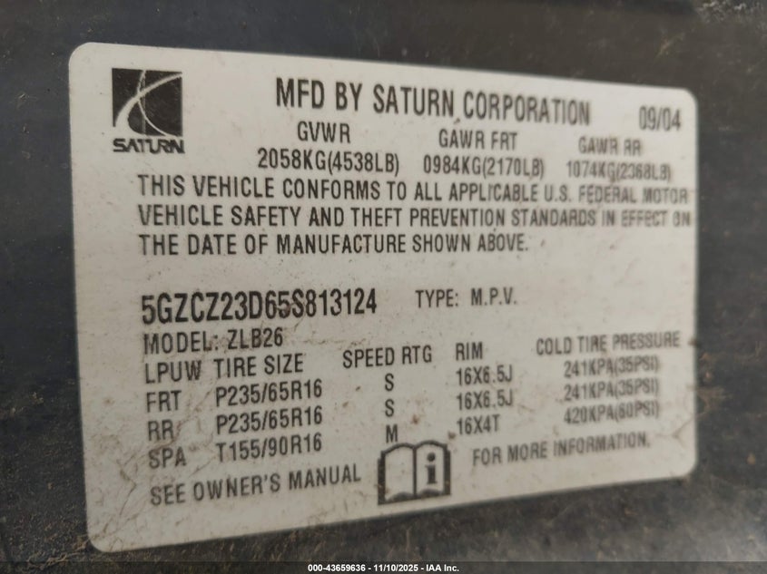 2005 Saturn Vue 4 Cyl VIN: 5GZCZ23D65S813124 Lot: 43659636
