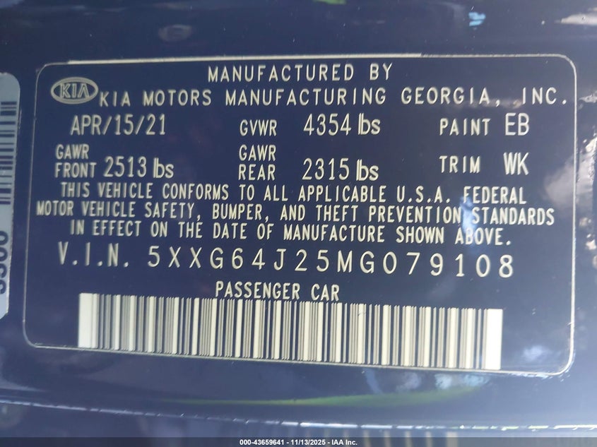 2021 Kia K5 Gt-Line VIN: 5XXG64J25MG079108 Lot: 43659641