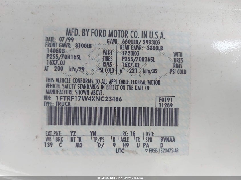 1999 Ford F-150 Lariat/Work Series/Xl/Xlt VIN: 1FTRF17W4XNC23466 Lot: 43659643