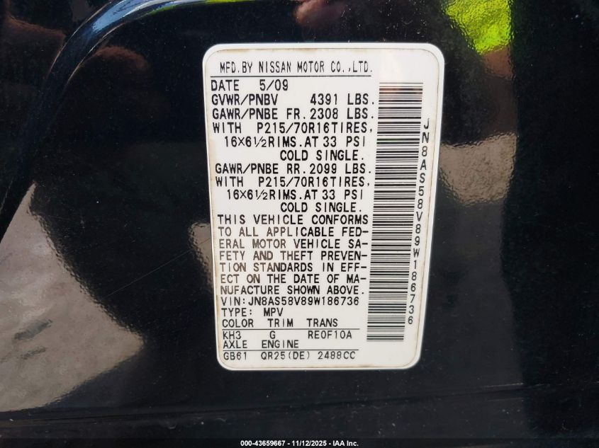 2009 Nissan Rogue S VIN: JN8AS58V89W186736 Lot: 43659667