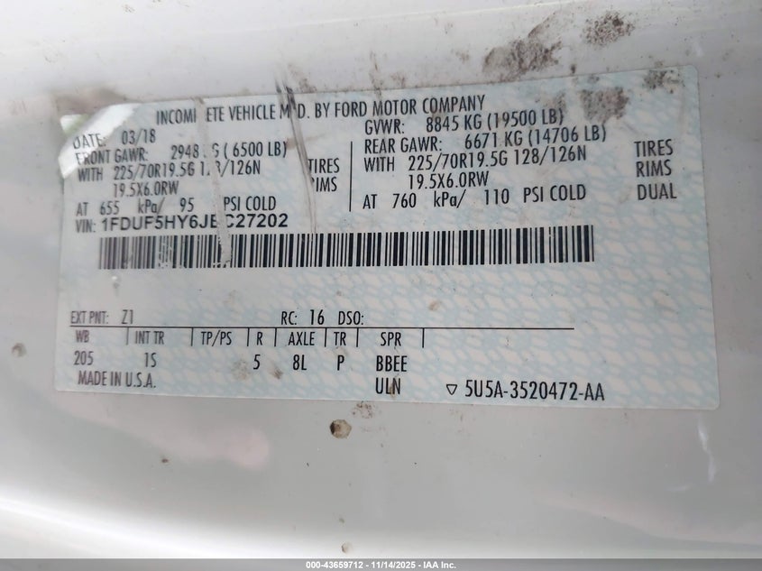 2018 Ford F-550 Chassis Xl VIN: 1FDUF5HY6JEC27202 Lot: 43659712