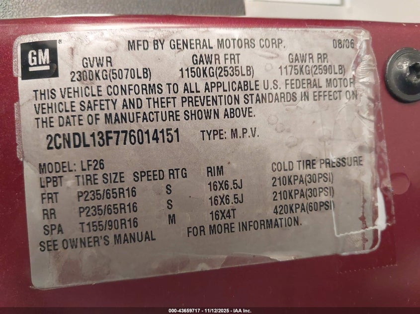 2007 Chevrolet Equinox Ls VIN: 2CNDL13F776014151 Lot: 43659717