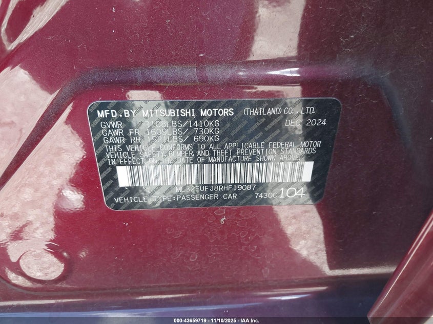 2024 Mitsubishi Mirage G4 Black Edition/Es/Le VIN: ML32FUFJ8RHF19087 Lot: 43659719