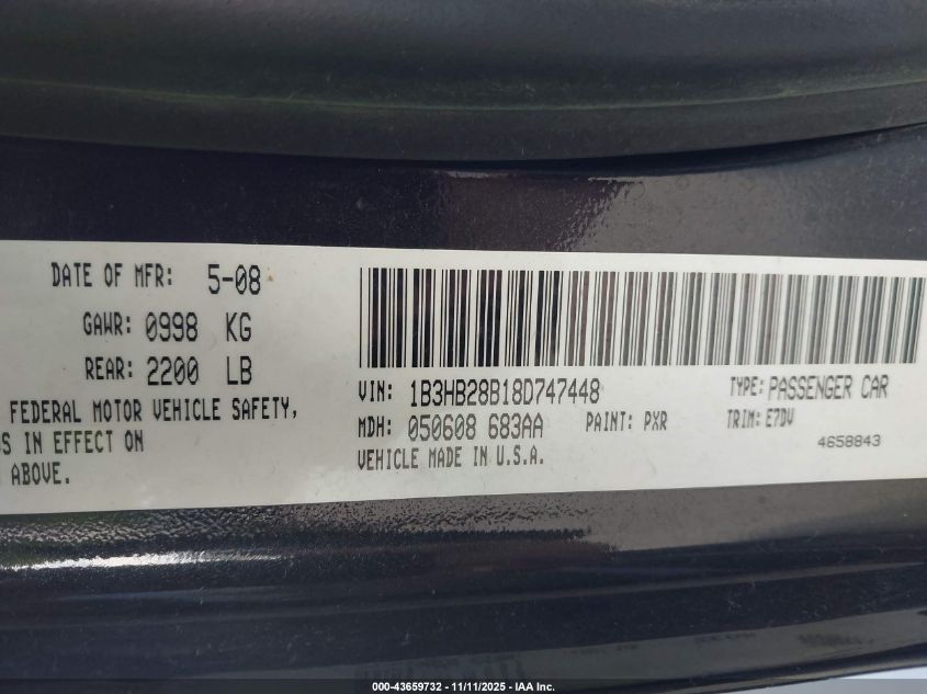 2008 Dodge Caliber Se VIN: 1B3HB28B18D747448 Lot: 43659732