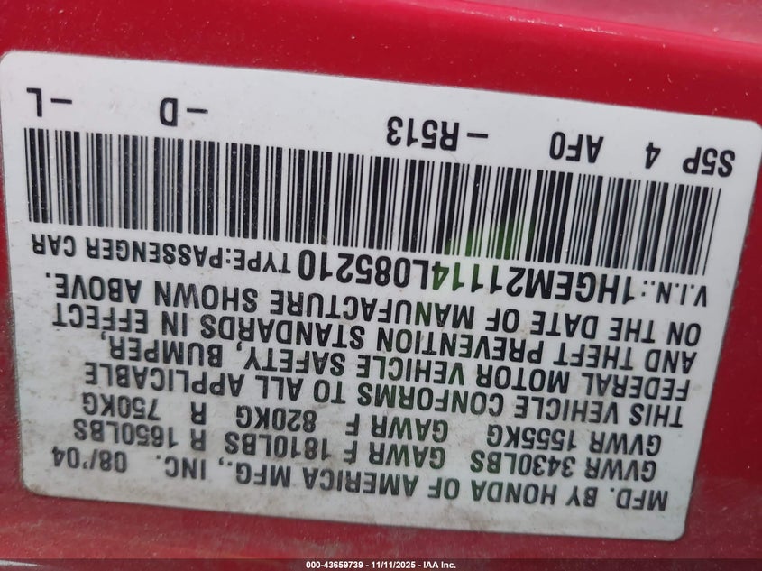 2004 Honda Civic Vp VIN: 1HGEM21114L085210 Lot: 43659739