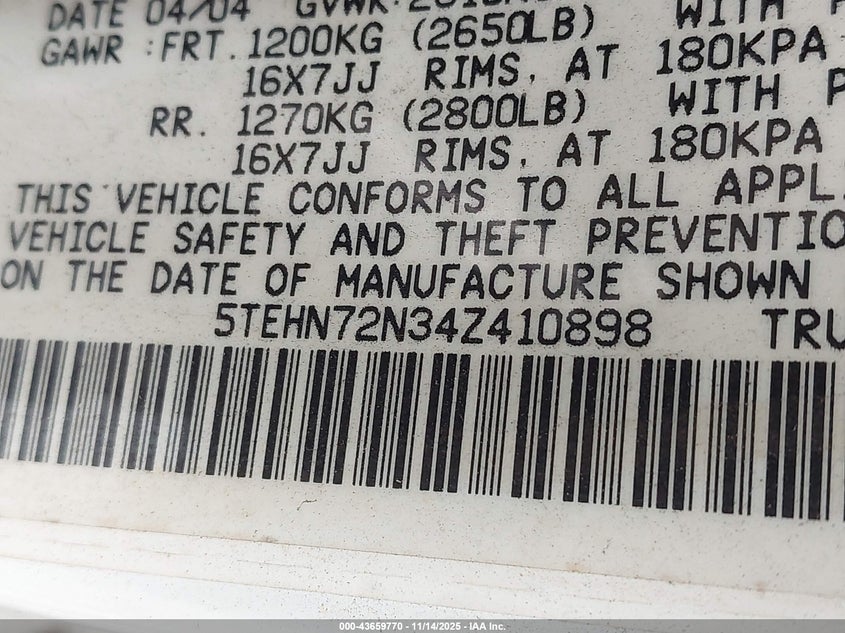 5TEHN72N34Z410898 2004 TOYOTA TACOMA photo no. 9