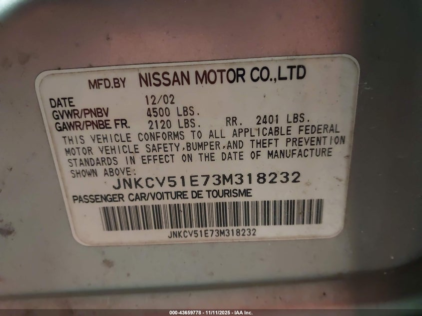 2003 Infiniti G35 Luxury Leather VIN: JNKCV51E73M318232 Lot: 43659778