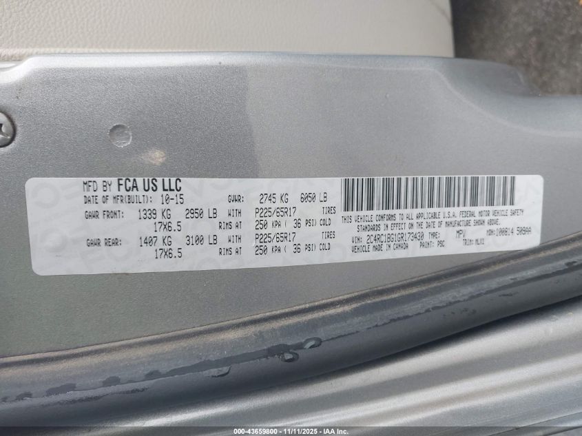 2016 Chrysler Town & Country Touring VIN: 2C4RC1BG1GR173430 Lot: 43659800