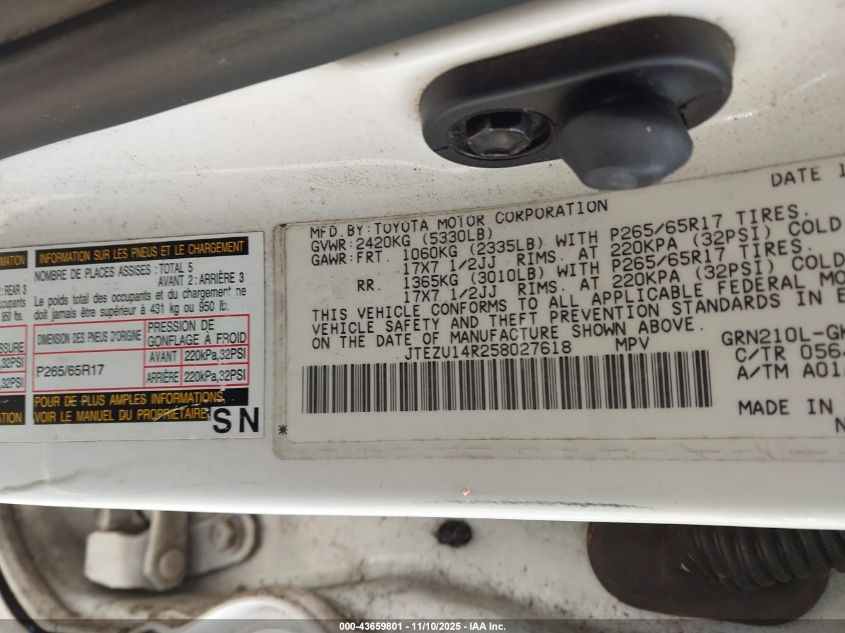 2005 Toyota 4Runner Sr5 V6 VIN: JTEZU14R258027618 Lot: 43659801