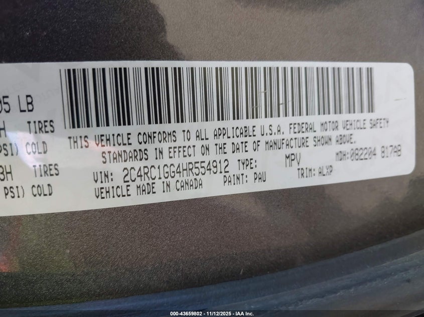 2017 Chrysler Pacifica Limited VIN: 2C4RC1GG4HR554912 Lot: 43659802