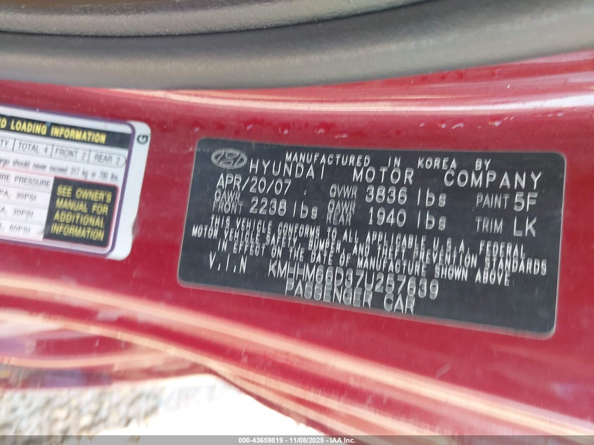 2007 Hyundai Tiburon Gs VIN: KMHHM66D37U257639 Lot: 43659819