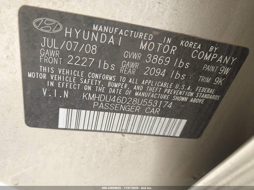 KMHDU46D28U553174 2008 HYUNDAI ELANTRA photo no. 9