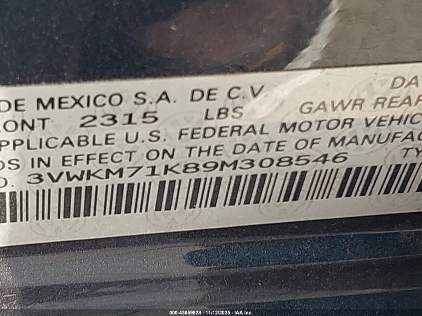 2009 Volkswagen Jetta 2.5L S VIN: 3VWKM71K89M308546 Lot: 43659828