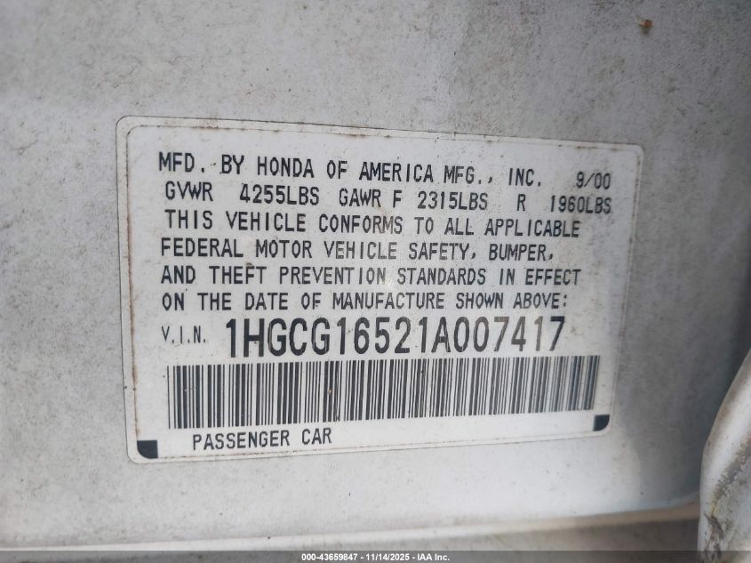 2001 Honda Accord 3.0 Ex VIN: 1HGCG16521A007417 Lot: 43659847
