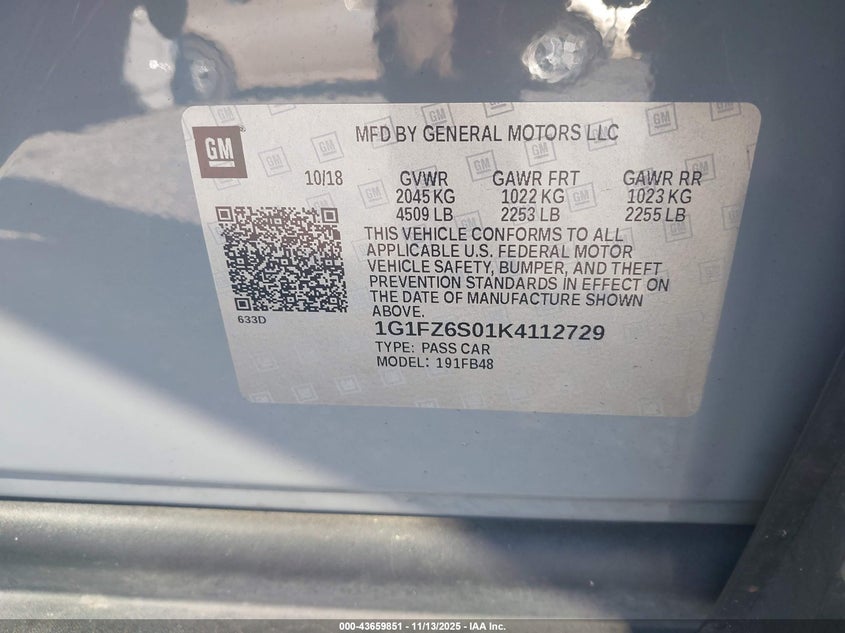 2019 Chevrolet Bolt Ev Premier VIN: 1G1FZ6S01K4112729 Lot: 43659851