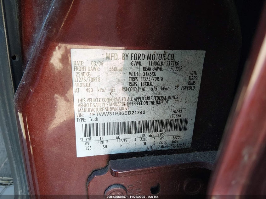 2006 Ford F-350 Lariat/Xl/Xlt VIN: 1FTWW31P86ED21740 Lot: 43659857