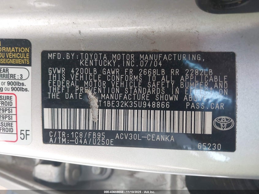 4T1BE32K35U948866 2005 TOYOTA CAMRY photo no. 9