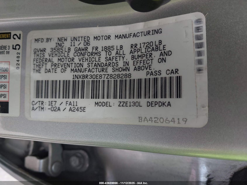 1NXBR30E87Z828288 2007 TOYOTA COROLLA photo no. 9