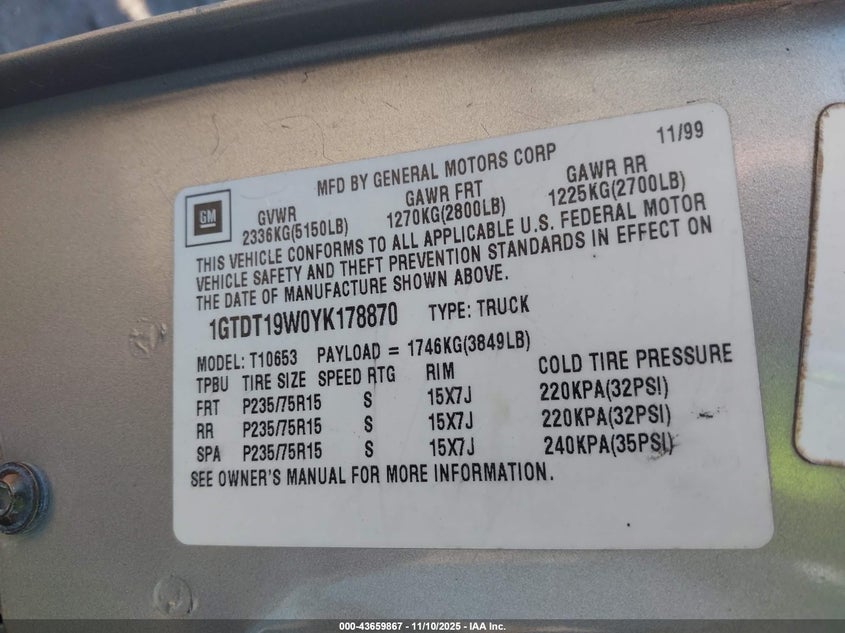 2000 GMC Sonoma Sls VIN: 1GTDT19W0YK178870 Lot: 43659867