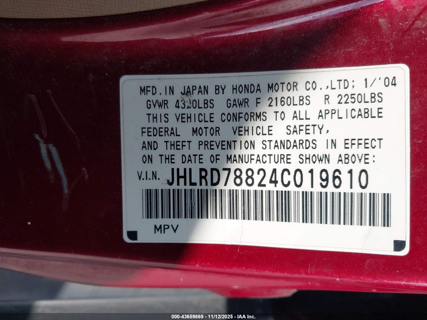 2004 Honda Cr-V Ex VIN: JHLRD78824C019610 Lot: 43659869