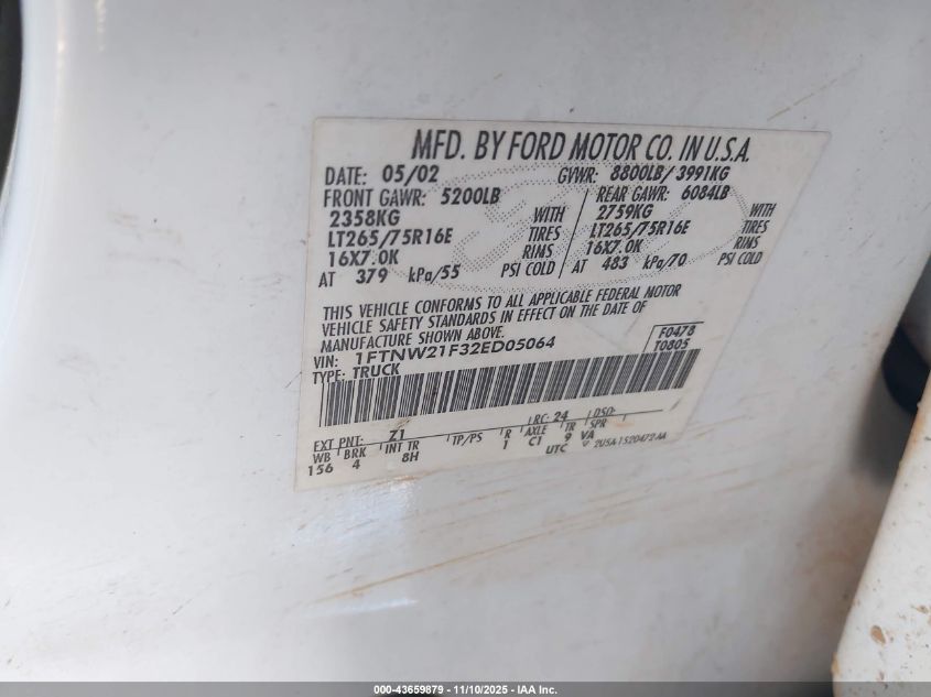 2002 Ford F-250 Lariat/Xl/Xlt VIN: 1FTNW21F32ED05064 Lot: 43659879