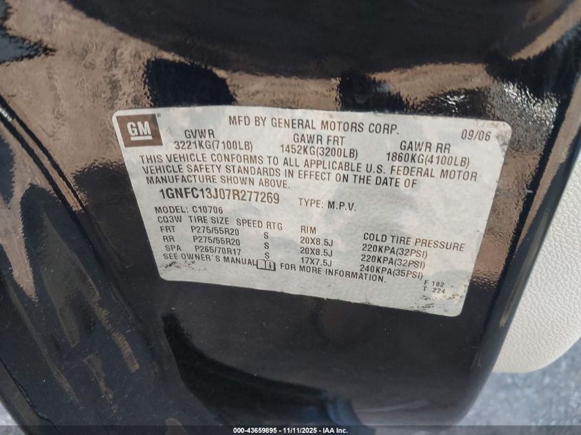 2007 Chevrolet Tahoe Ltz VIN: 1GNFC13J07R277269 Lot: 43659895
