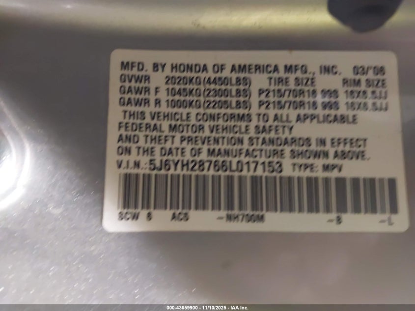 2006 Honda Element Ex-P VIN: 5J6YH28766L017153 Lot: 43659900