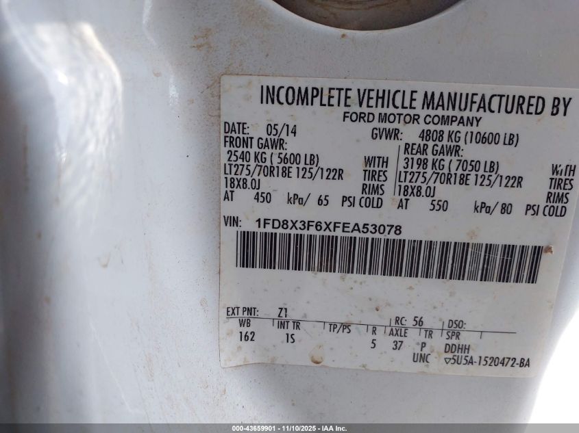 2015 Ford F-350 Chassis Xl VIN: 1FD8X3F6XFEA53078 Lot: 43659901