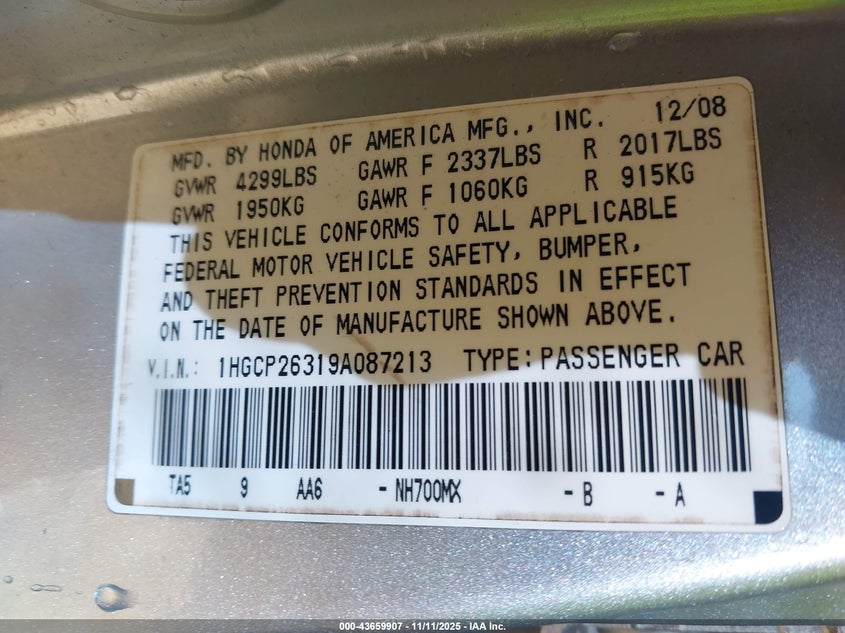1HGCP26319A087213 2009 HONDA ACCORD photo no. 9