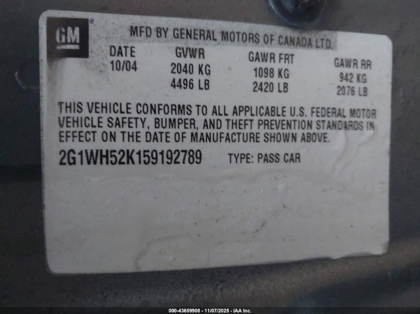 2005 Chevrolet Impala Ls VIN: 2G1WH52K159192789 Lot: 43659908