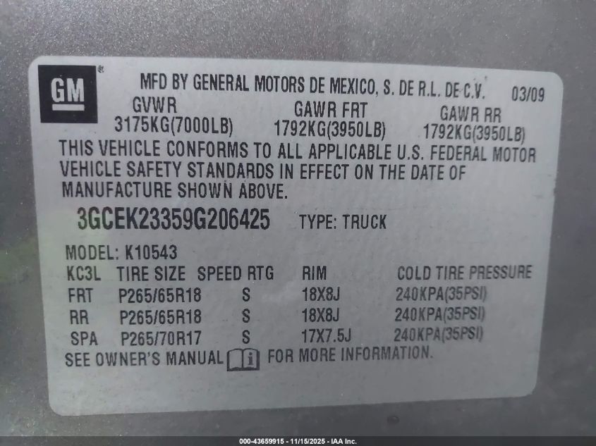 2009 Chevrolet Silverado 1500 Lt VIN: 3GCEK23359G206425 Lot: 43659915