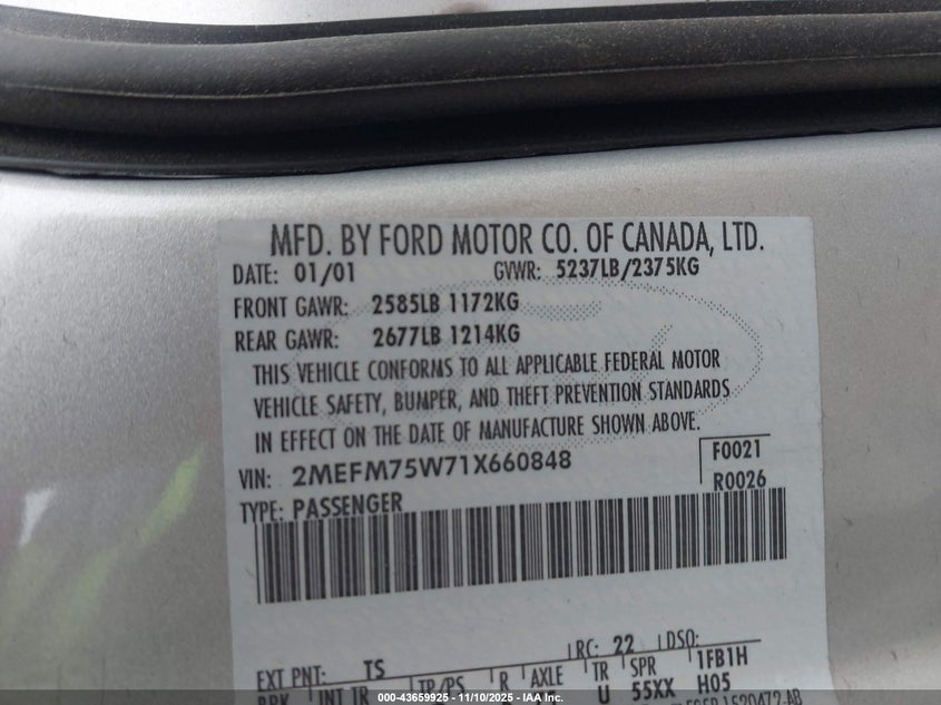 2001 Mercury Grand Marquis Ls VIN: 2MEFM75W71X660848 Lot: 43659925