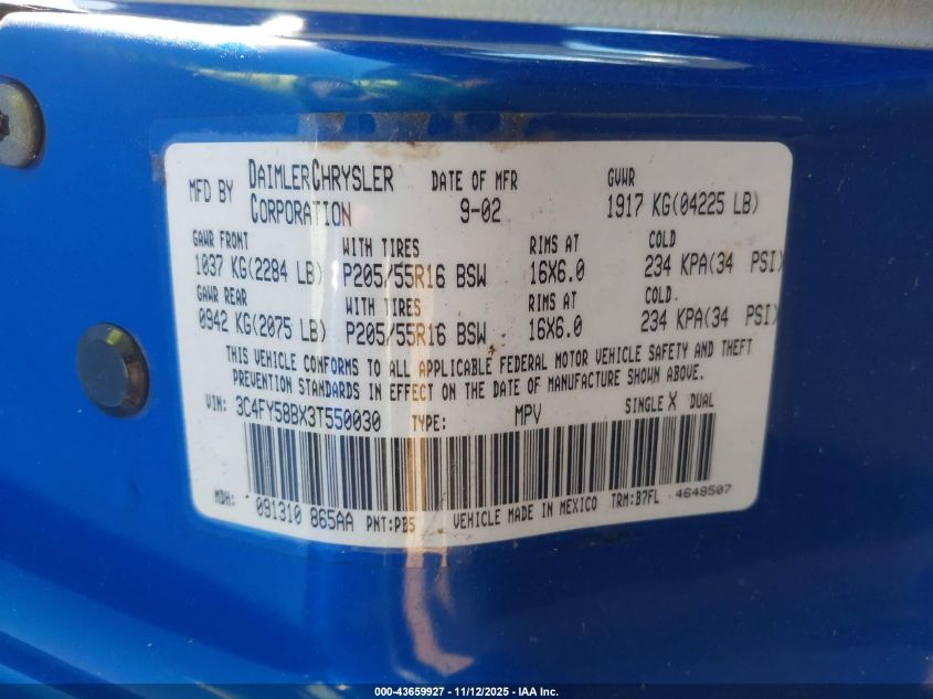 2003 Chrysler Pt Cruiser Touring VIN: 3C4FY58BX3T550030 Lot: 43659927