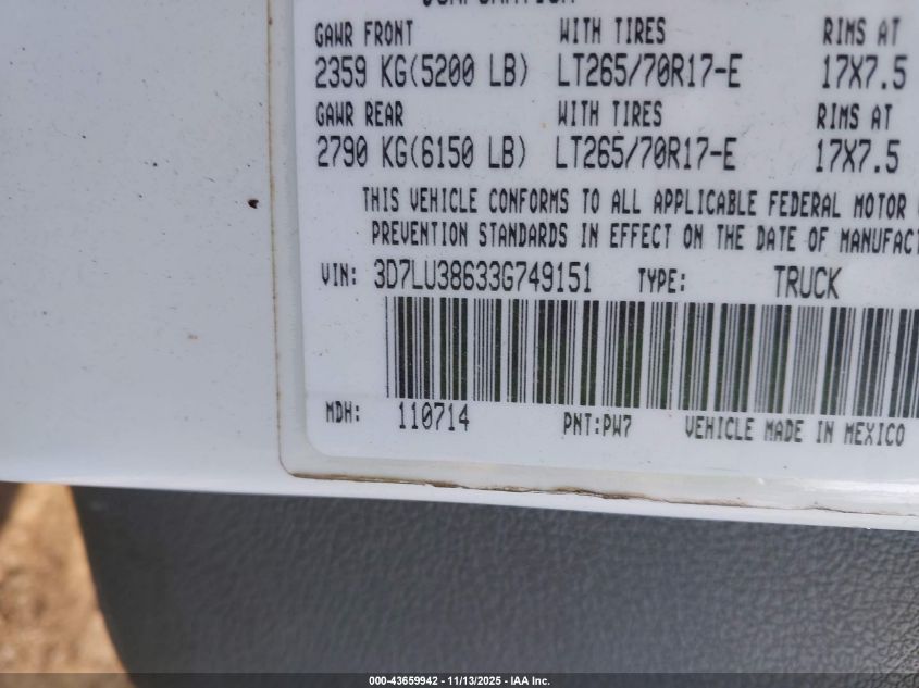 2003 Dodge Ram 3500 Slt/Laramie/St VIN: 3D7LU38633G749151 Lot: 43659942
