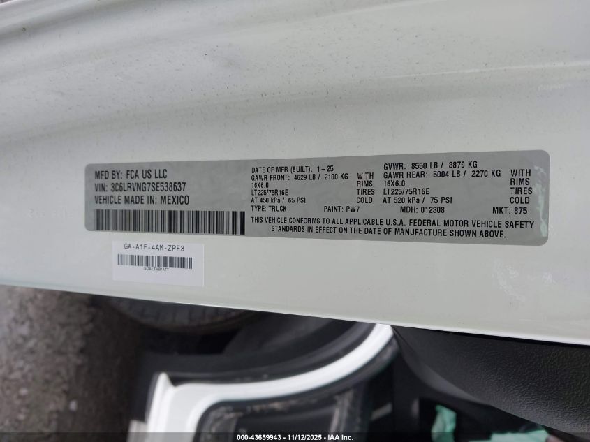 2025 Ram Promaster 1500 Tradesman Low Roof 118 Wb W/Pass Seat VIN: 3C6LRVNG7SE538637 Lot: 43659943