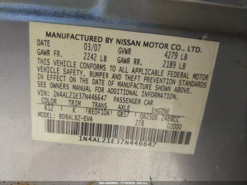 1N4AL21E37N446647 2007 NISSAN ALTIMA photo no. 9