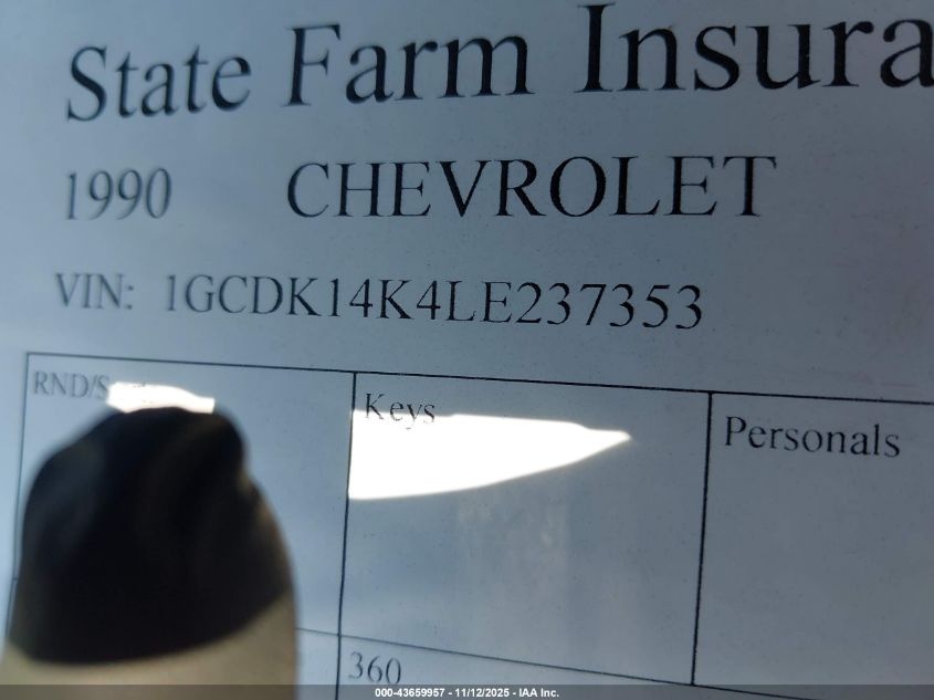 1990 Chevrolet Gmt-400 K1500 VIN: 1GCDK14K4LE237353 Lot: 43659957